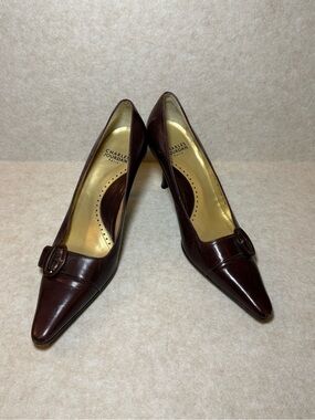Vintage Charles Jourdan Paris Burgundy Leather Pointed Kitten Heels 6 1/2 6.5